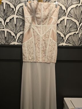 BCBGMaxAzria Strapless Lace Gown in Ivory and Nude